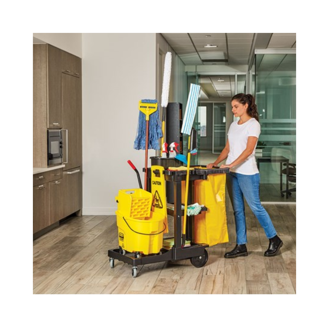 Rubbermaid® Janitor Cart with Zippered Yellow Vinyl Bag – Black, 46" x 21.75" x 38.38"