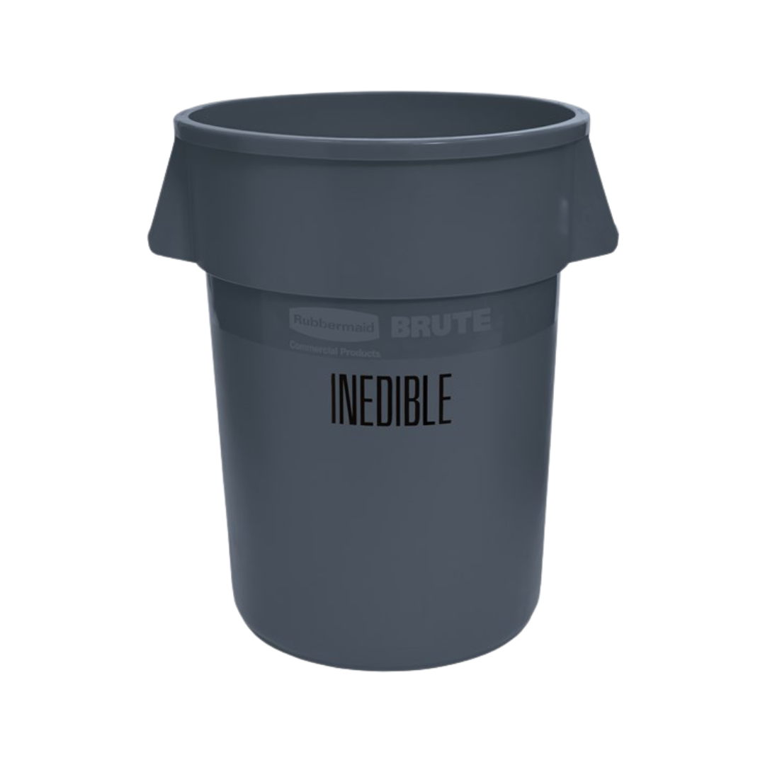 Rubbermaid® BRUTE® Round Food Handling Container – 44 Gal, Gray, "Inedible" Imprint