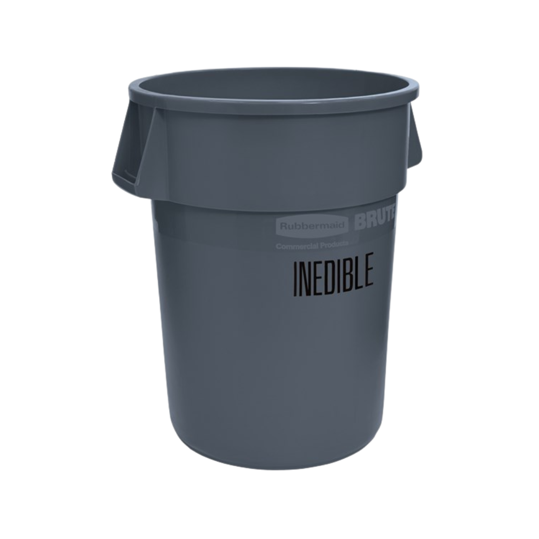 Rubbermaid® BRUTE® Round Food Handling Container – 44 Gal, Gray, "Inedible" Imprint