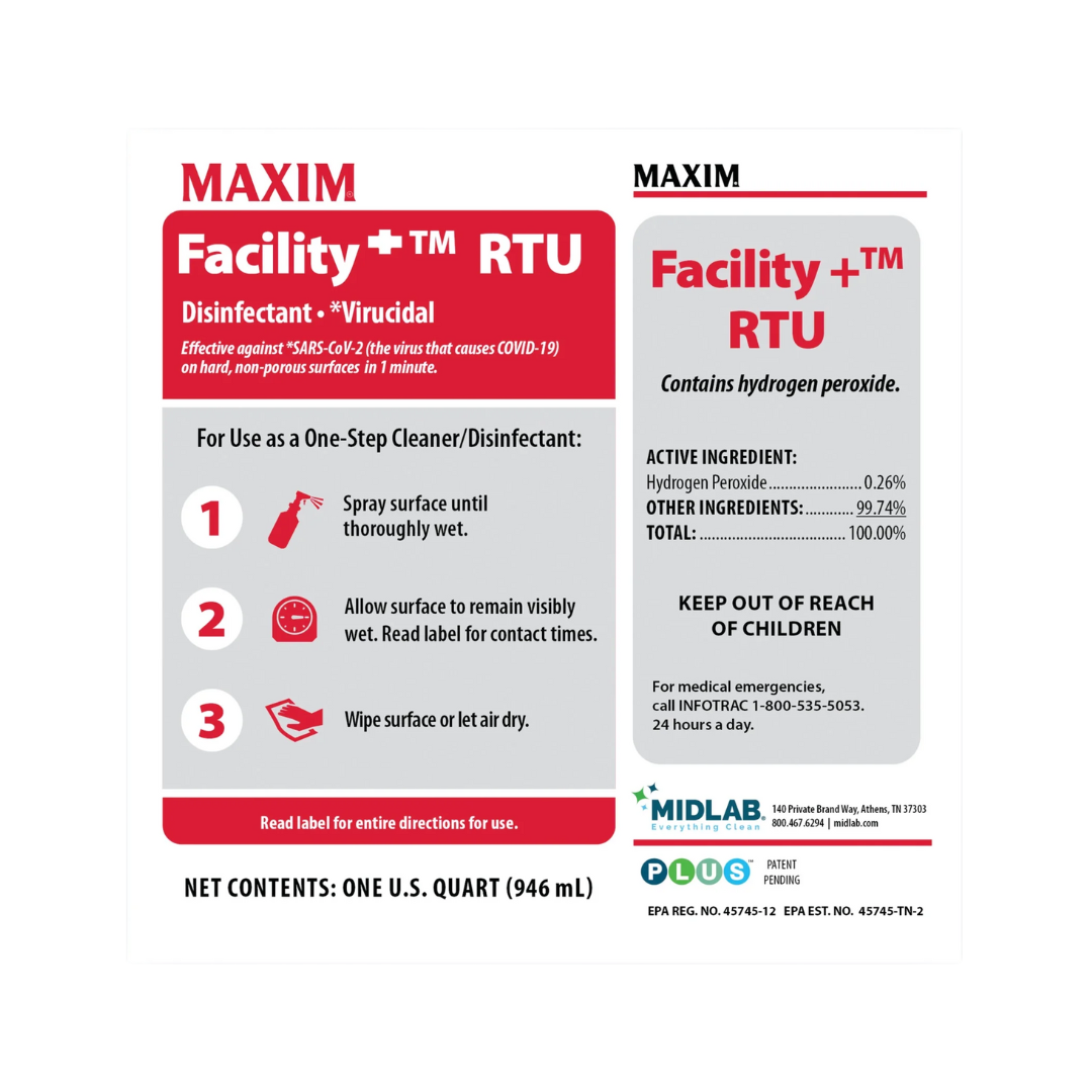 Maxim® Facility+ Disinfectant, Cleaner & Deodorant – 1 Gallon with Mixing Bottle