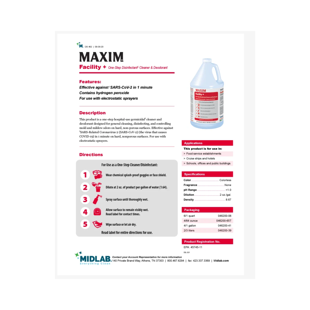 Maxim® Facility+ Disinfectant, Cleaner & Deodorant – 1 Gallon with Mixing Bottle