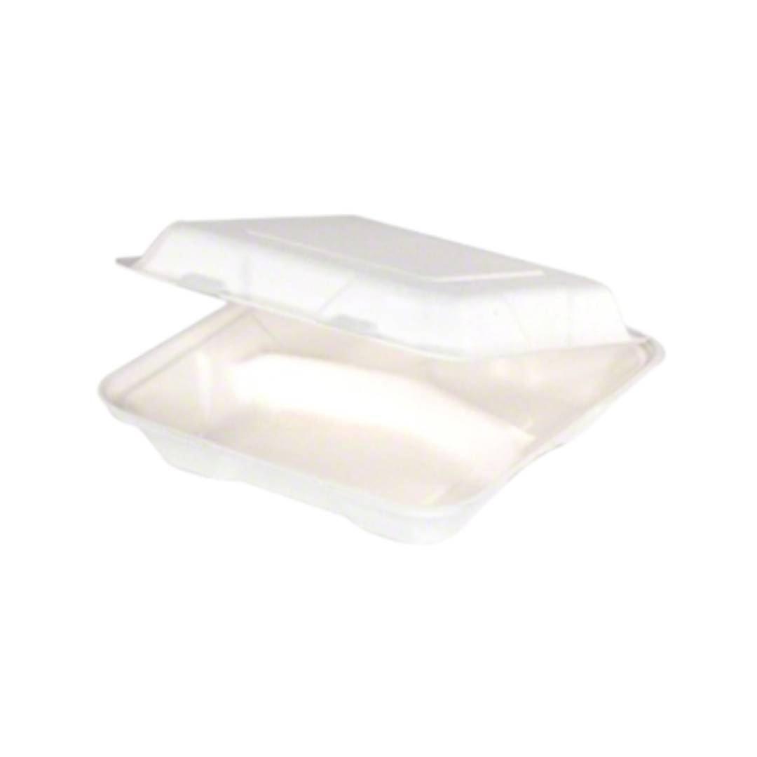 Pactiv EarthChoice® Bagasse Blend Hinged Container – 9" x 9", 3-Compartment, PFAS-Free