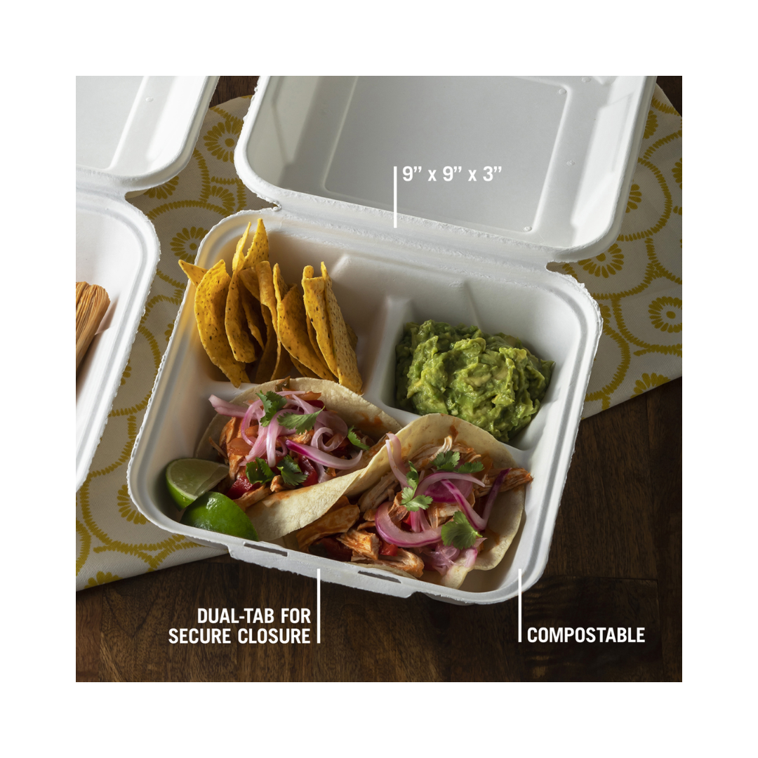 Pactiv EarthChoice® Bagasse Blend Hinged Container – 9" x 9", 3-Compartment, PFAS-Free