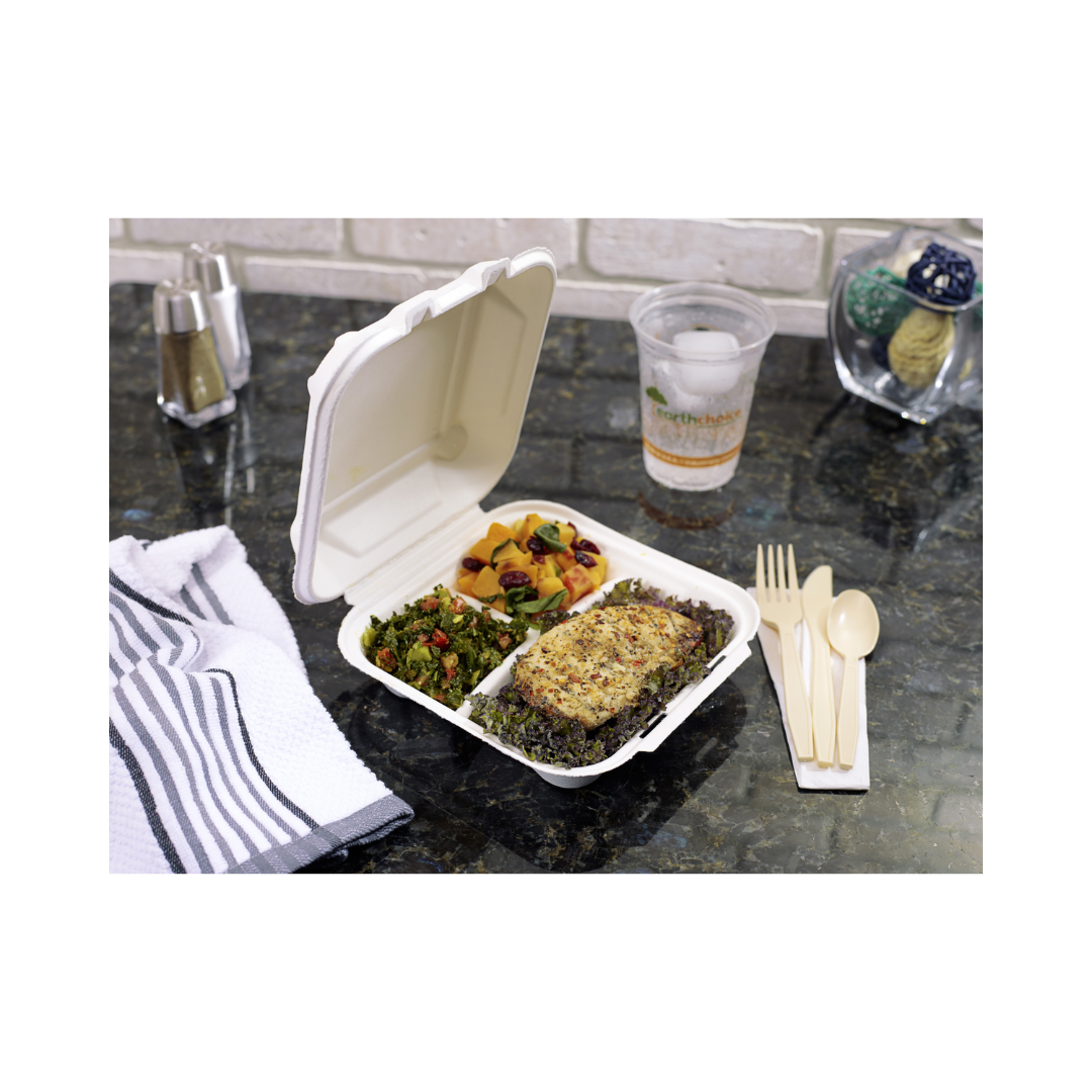 Pactiv EarthChoice® Fiber Blend Hinged Container – 9" x 9" x 3", 3-Compartment, Natural