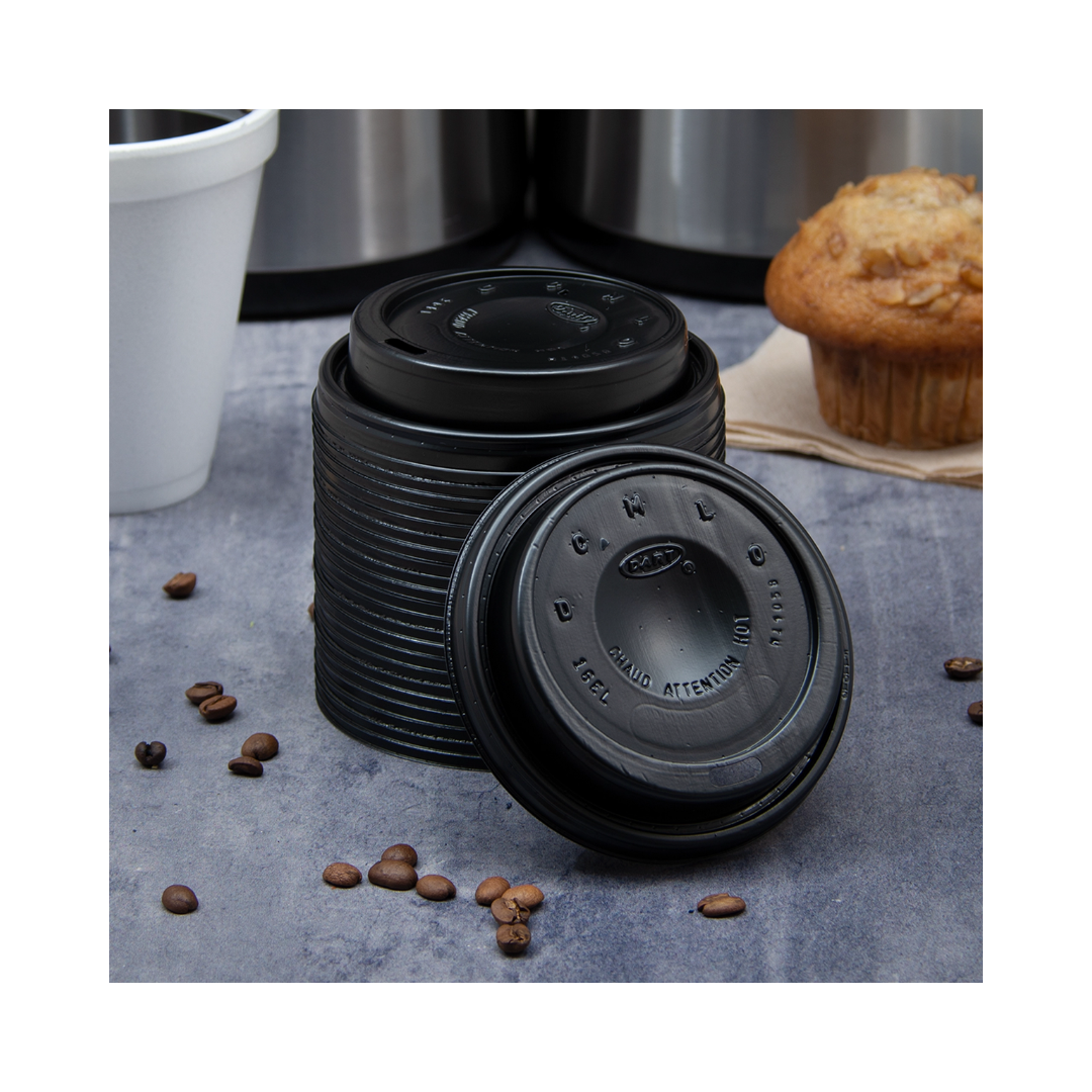 Dart® 12–24 oz. HIPS Cappuccino Lid – Black, Fits Multiple Foam Cup Sizes