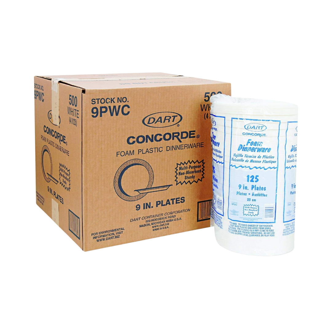 Dart® Concorde® XPS Non-Laminated Foam Plates – White, 6" to 10¼", Standard & 3-Compartment