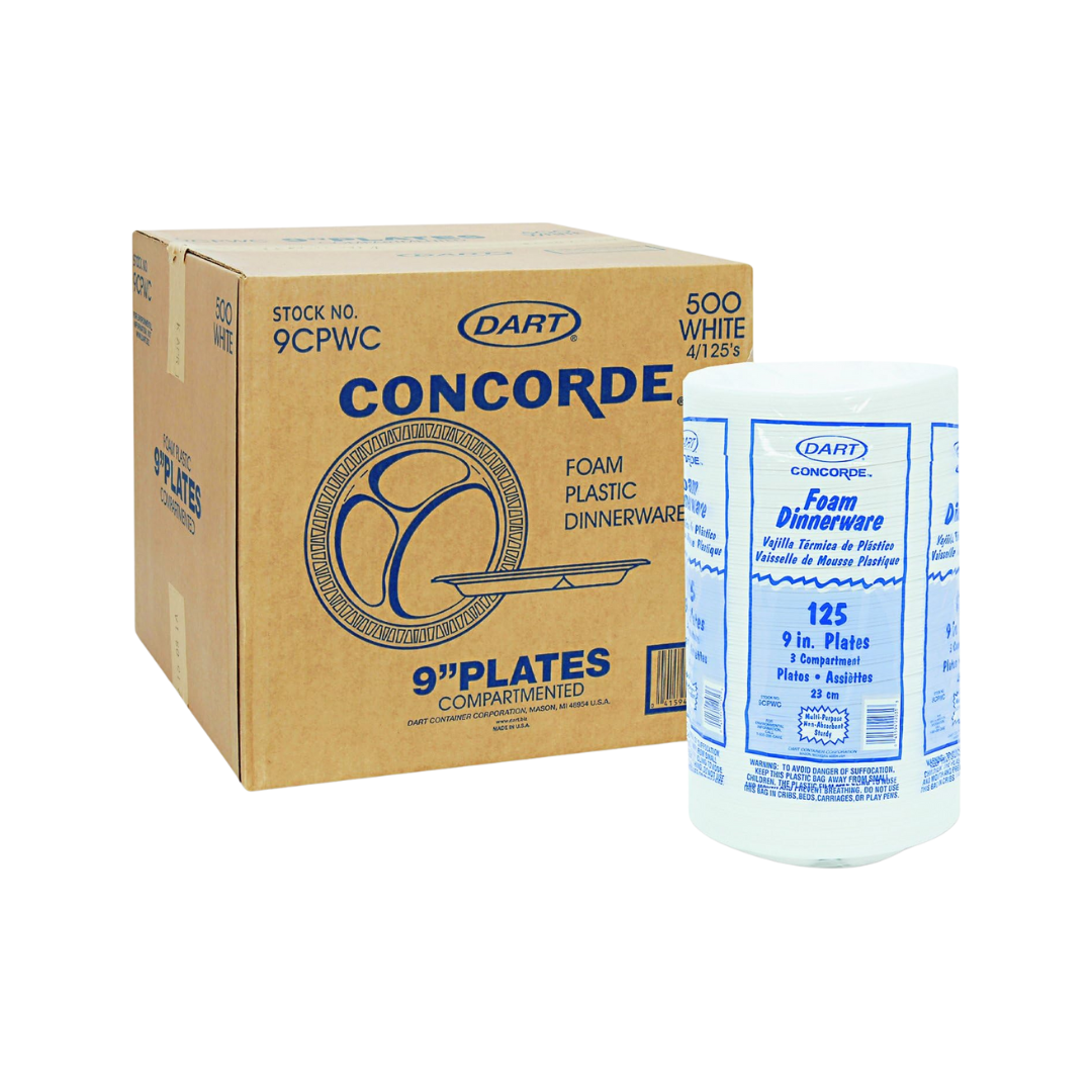 Dart® Concorde® XPS Non-Laminated Foam Plates – White, 6" to 10¼", Standard & 3-Compartment