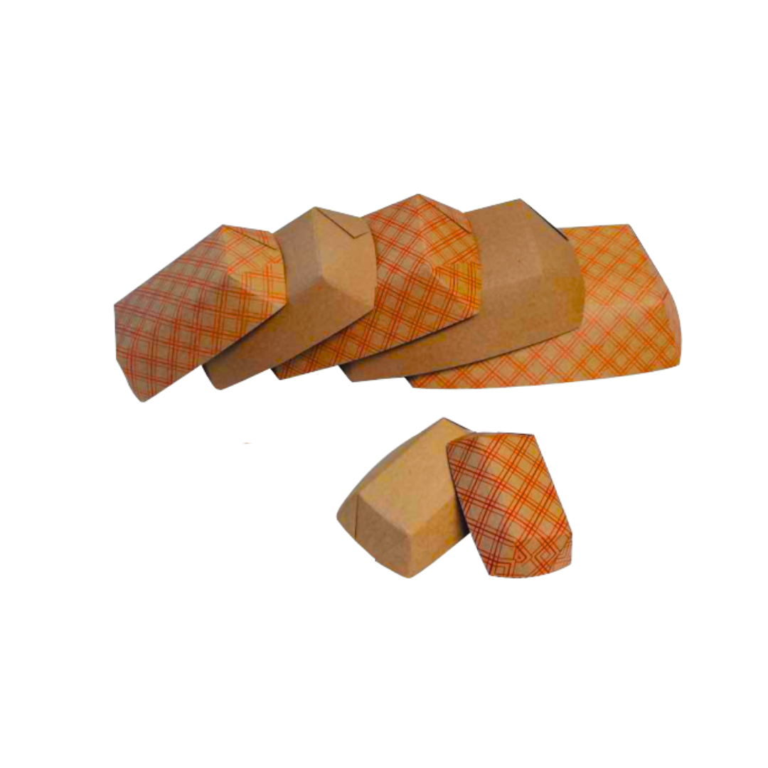 SQP® Red Plaid Kraft Food Trays – #50 & #300, Disposable Paper Trays