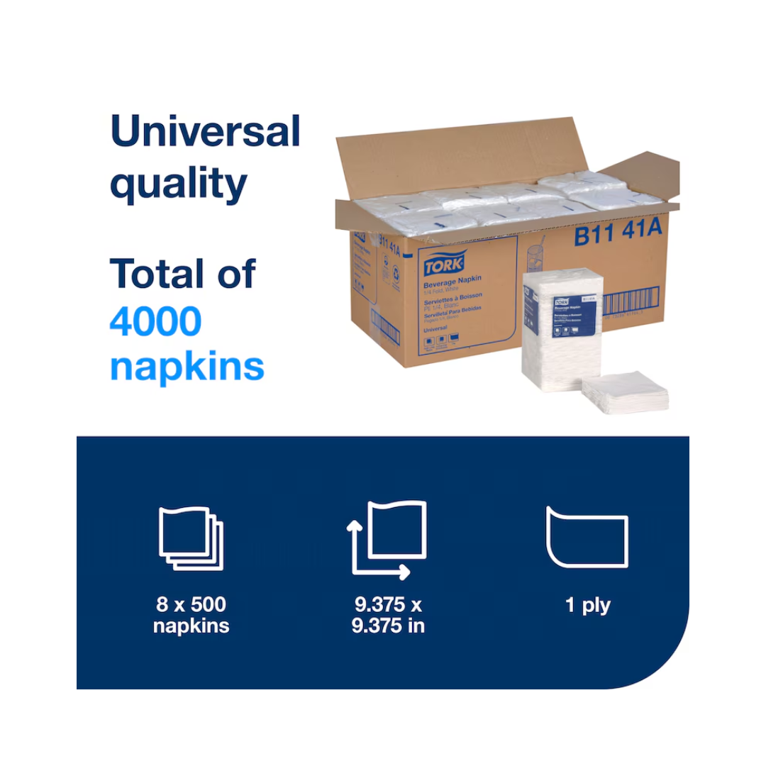 Tork® Universal Quality 1/4 Fold Beverage Napkin – White, 9.4" x 9.4", 1 Ply