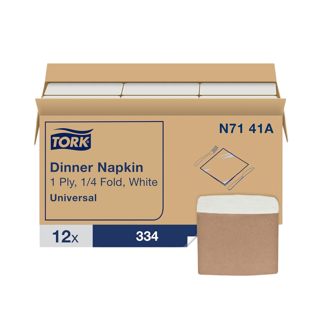 Tork® Universal Quality 1/4 Fold Dinner Napkin – White, 17" x 16.9", 1 Ply