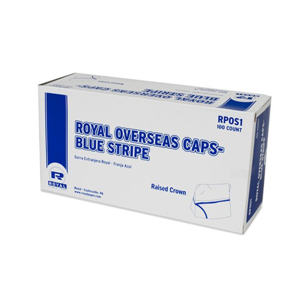 Royal® Overseas Cap – White Crepe Paper with Blue Stripe, Adjustable Size