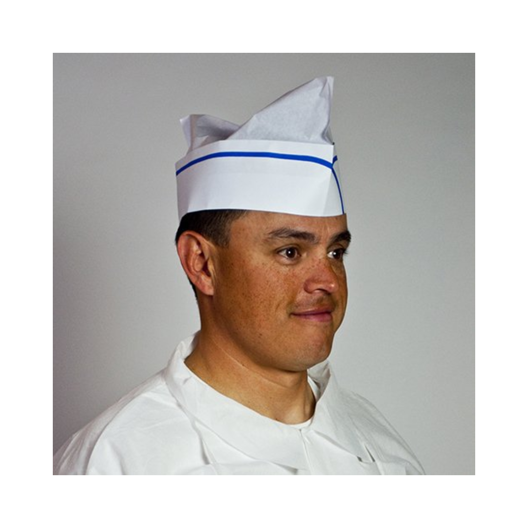 Royal® Overseas Cap – White Crepe Paper with Blue Stripe, Adjustable Size