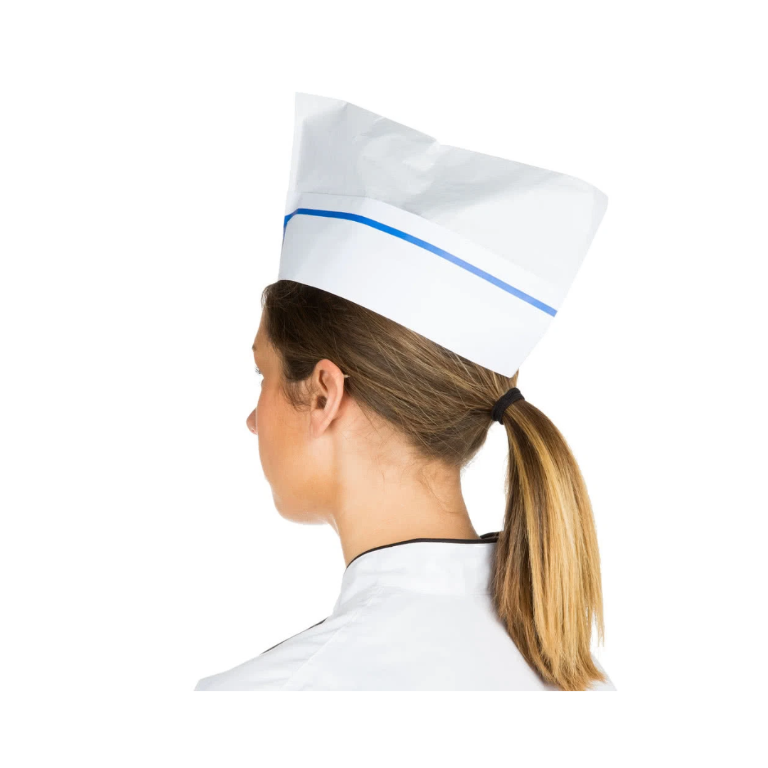 Royal® Overseas Cap – White Crepe Paper with Blue Stripe, Adjustable Size