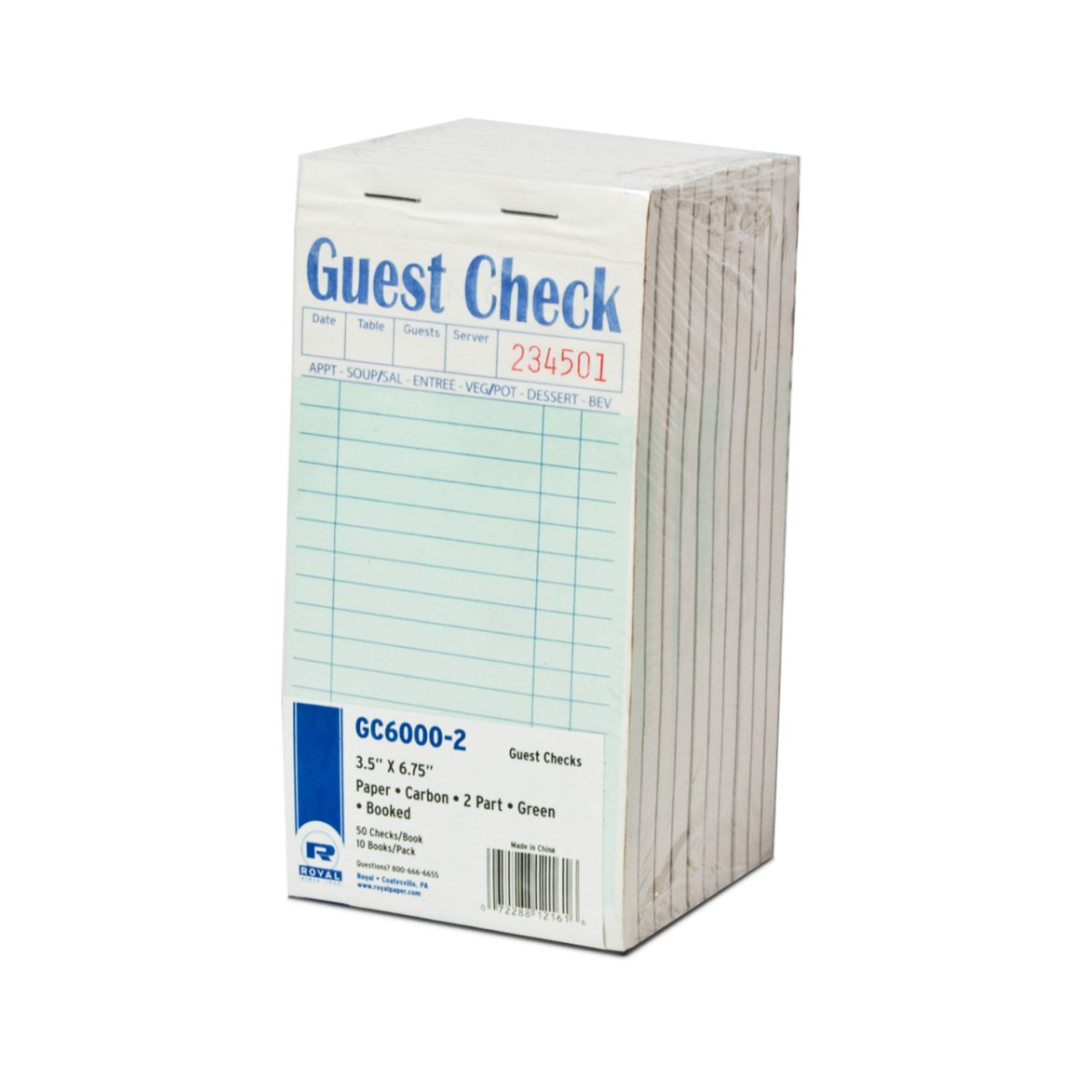 Royal® Guest Check Paper Interleaved – 2 Part, 17 Lines, Green, 3.46" x 6.69"
