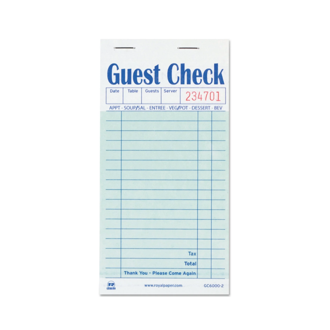 Royal® Guest Check Paper Interleaved – 2 Part, 17 Lines, Green, 3.46" x 6.69"