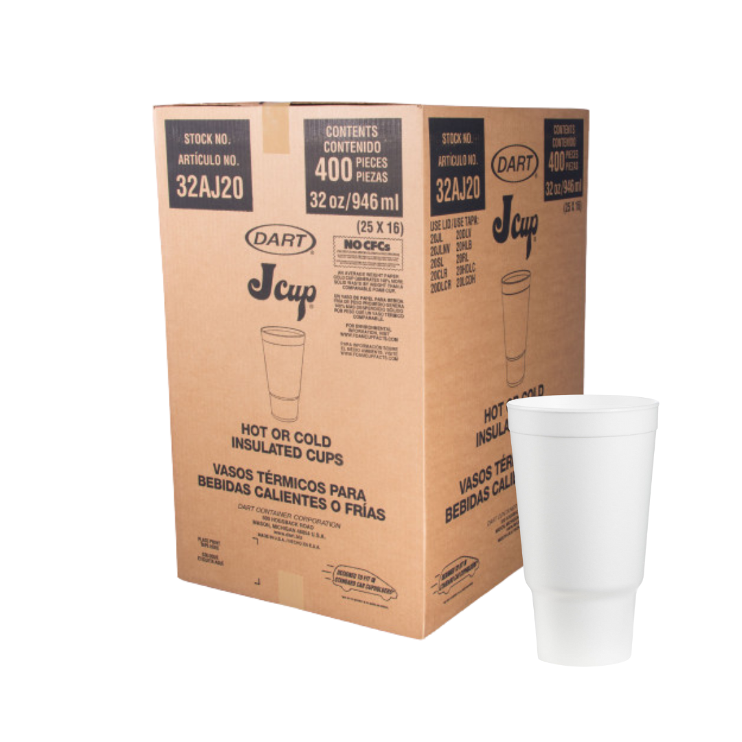 Dart® J Cup® EPS Insulated Pedestal Foam Cups – 32 oz & 44 oz, White
