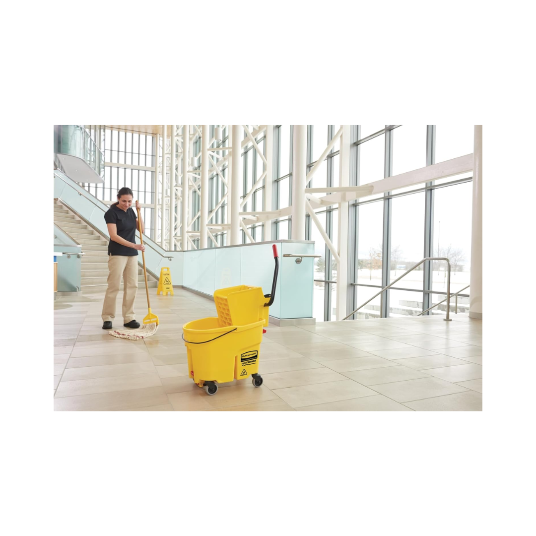 Rubbermaid® WaveBrake® Side Press Mop Bucket with Drain – 44 Qt., Yellow
