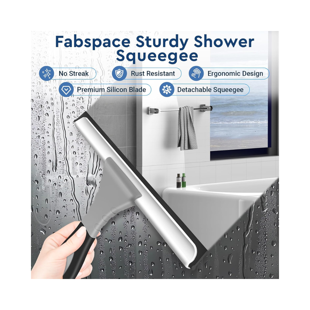 Fabspace® All-Purpose Silicone Shower Squeegee – 10 Inch, Gray, Includes Hook & Adhesive