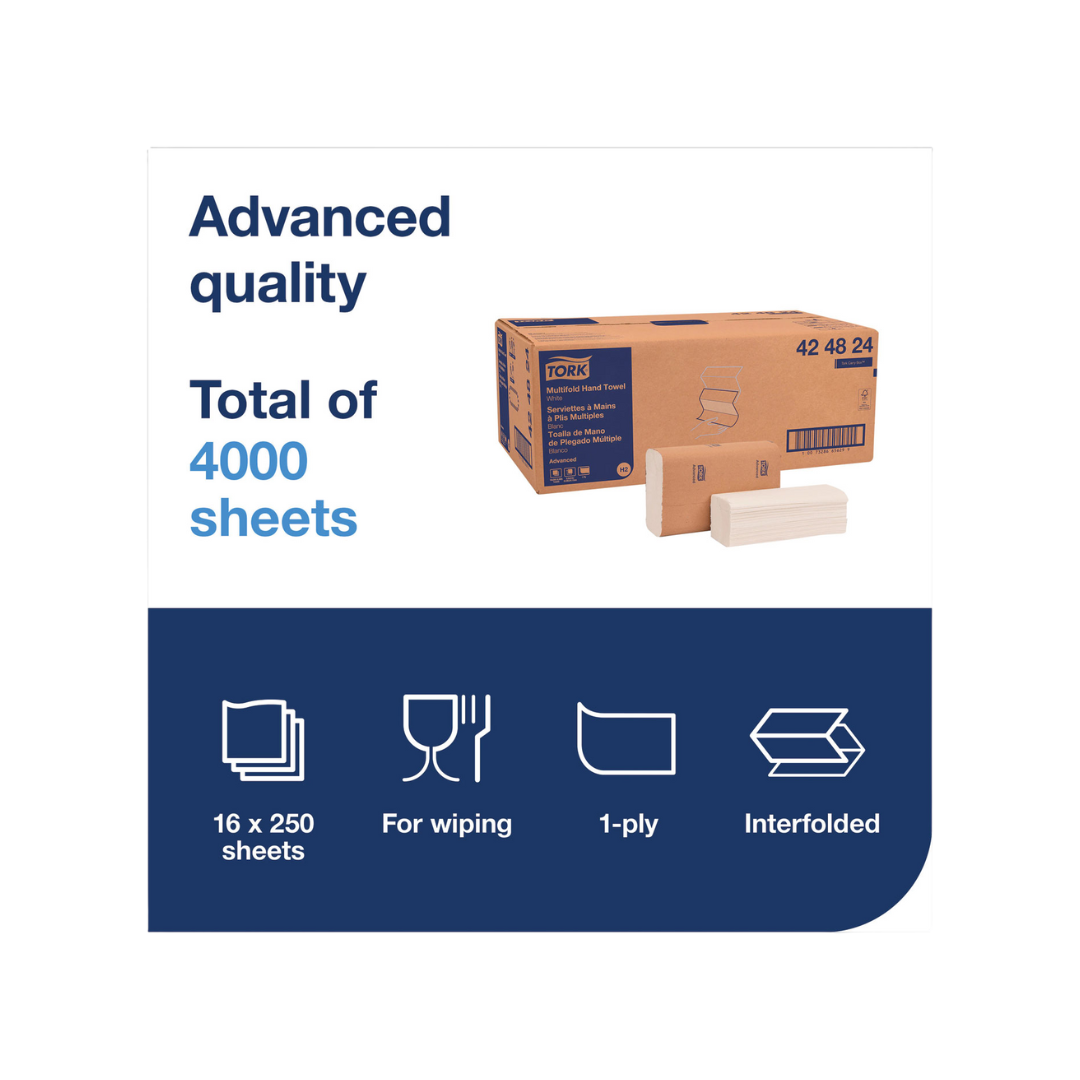 Tork® Advanced Multifold Hand Towels – 9" x 9.5", White, 1-Ply