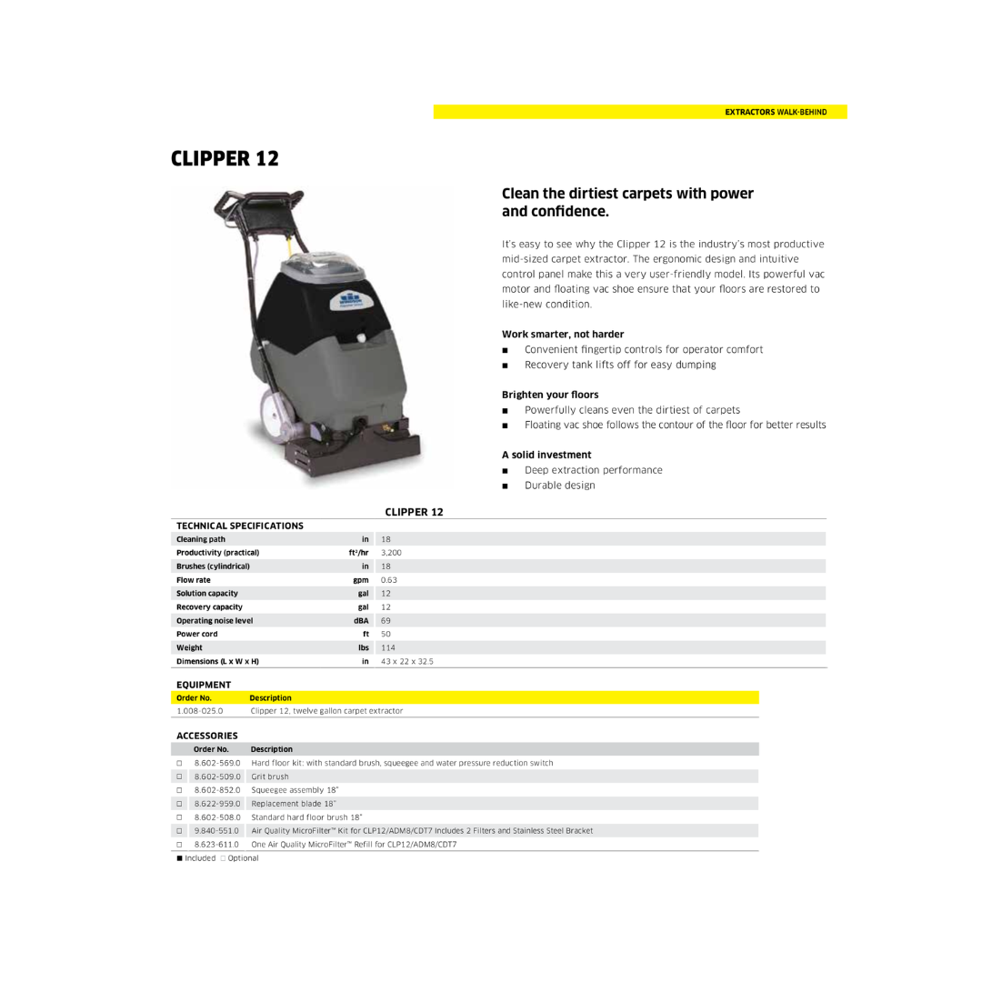 Windsor® Clipper™ 12 Extractor – 12 Gal., 1.5 HP, 1/3 HP Brush Motor