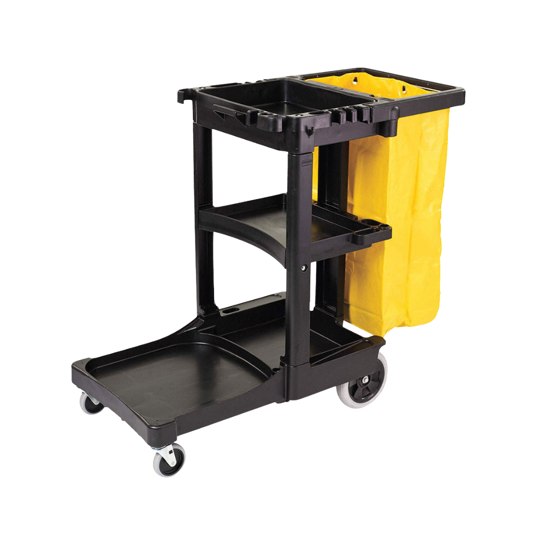 Rubbermaid® Janitor Cart with Zippered Yellow Vinyl Bag – Black, 46" x 21.75" x 38.38"