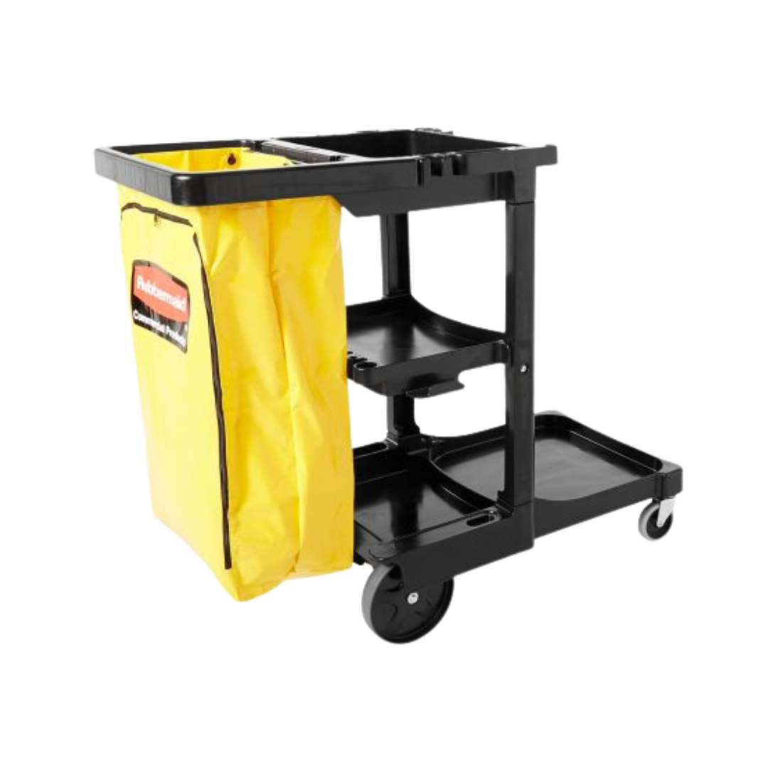 Rubbermaid® Janitor Cart with Zippered Yellow Vinyl Bag – Black, 46" x 21.75" x 38.38"