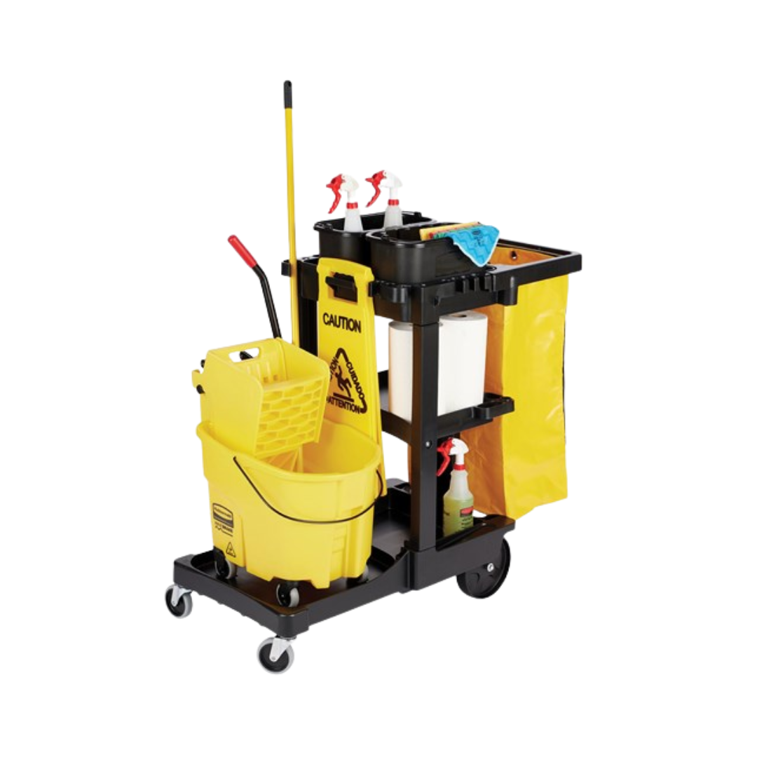 Rubbermaid® Janitor Cart with Zippered Yellow Vinyl Bag – Black, 46" x 21.75" x 38.38"