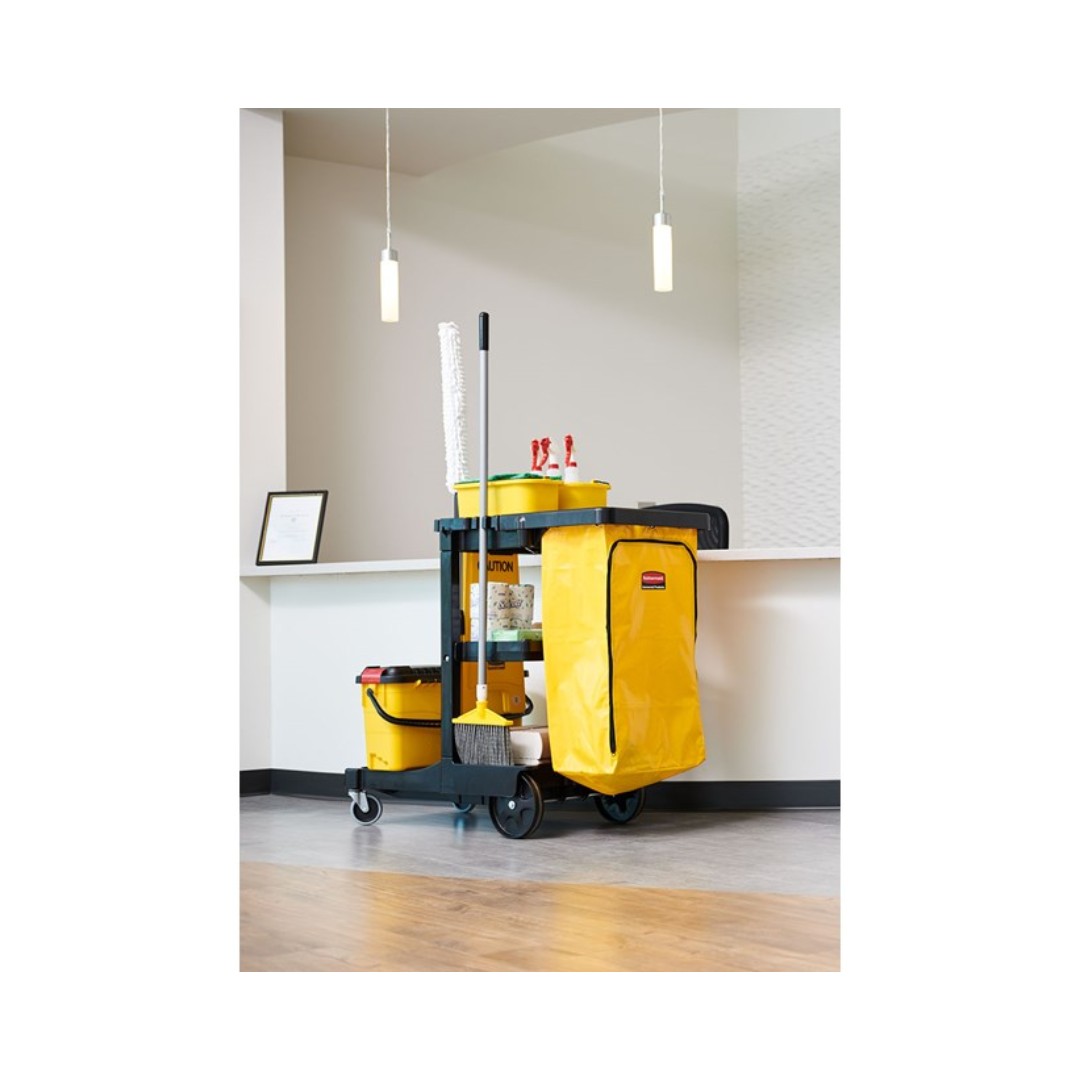Rubbermaid® Janitor Cart with Zippered Yellow Vinyl Bag – Black, 46" x 21.75" x 38.38"
