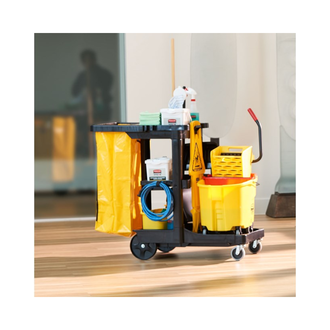 Rubbermaid® Janitor Cart with Zippered Yellow Vinyl Bag – Black, 46" x 21.75" x 38.38"