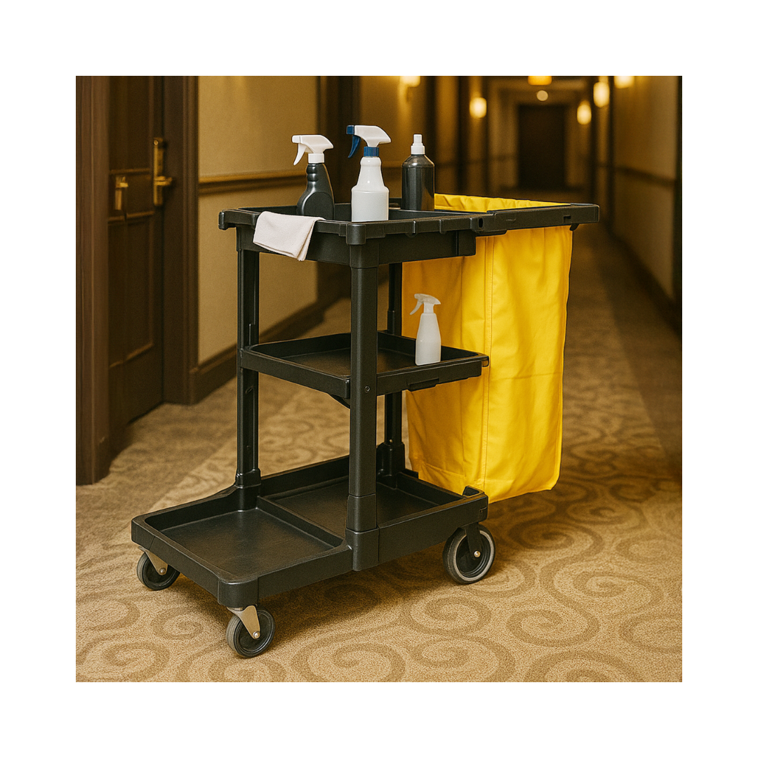 Rubbermaid® Janitor Cart with Zippered Yellow Vinyl Bag – Black, 46" x 21.75" x 38.38"
