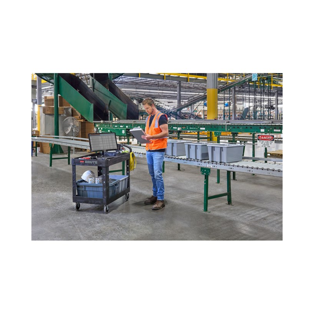 Rubbermaid® BRUTE Heavy-Duty Ergo Handle Utility Cart – Medium, Black, Lipped Shelf