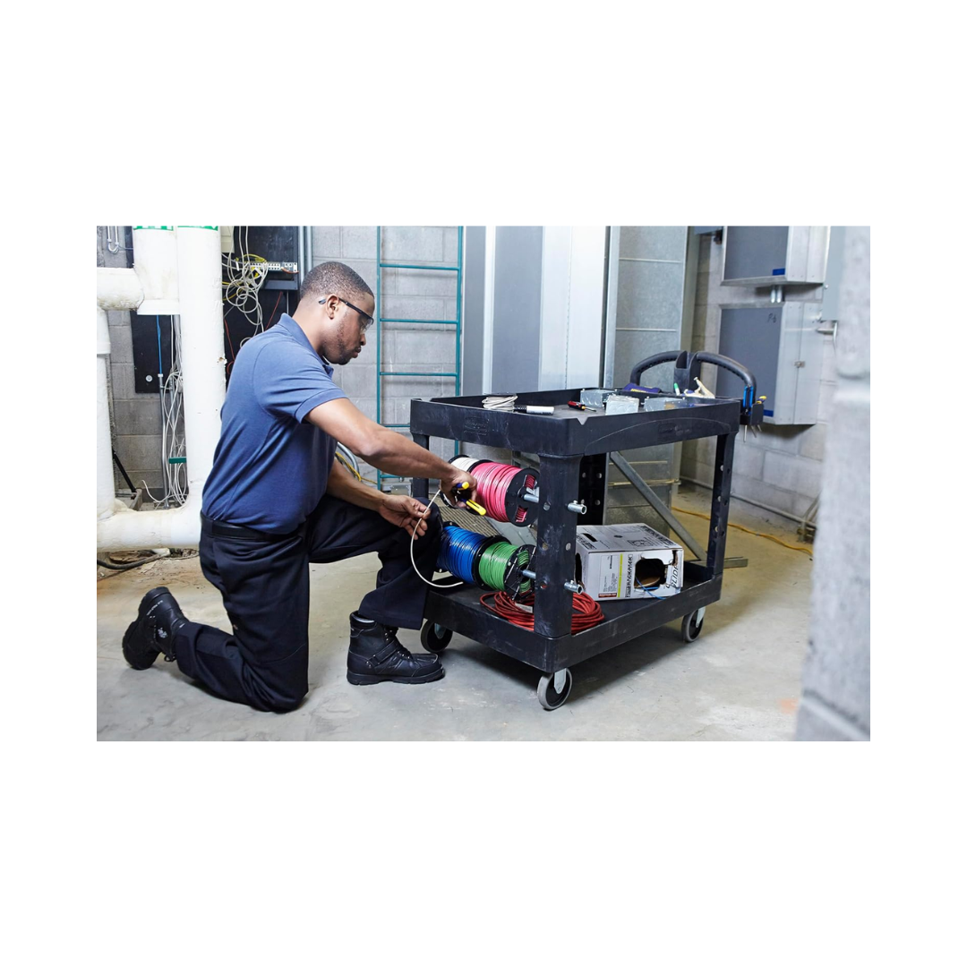 Rubbermaid® BRUTE Heavy-Duty Ergo Handle Utility Cart – Medium, Black, Lipped Shelf