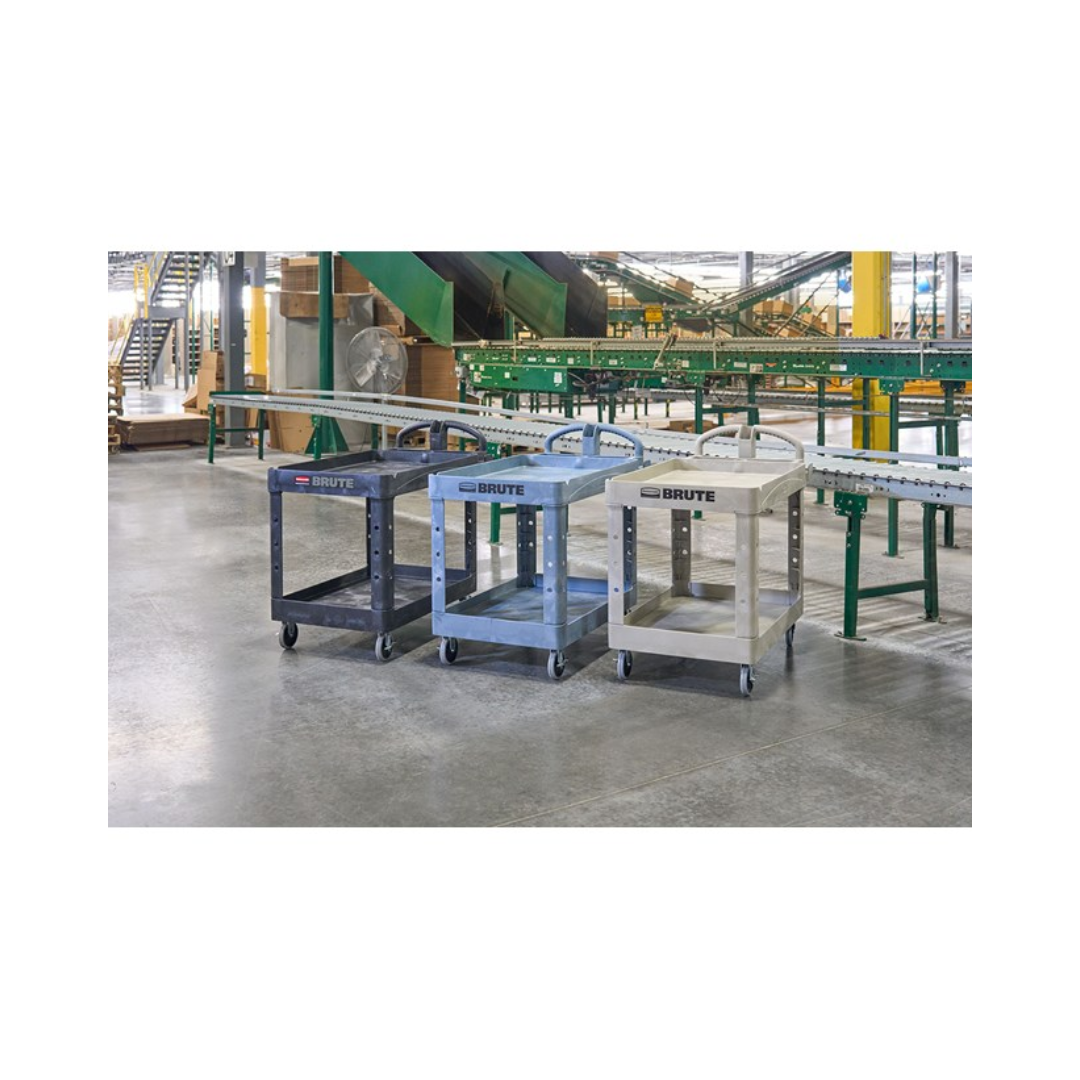 Rubbermaid® BRUTE Heavy-Duty Ergo Handle Utility Cart – Medium, Black, Lipped Shelf