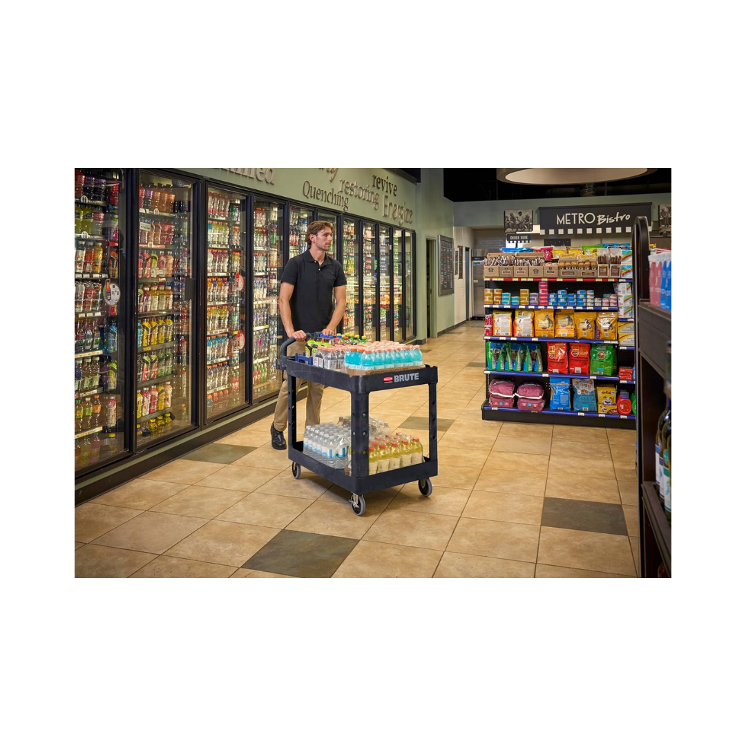 Rubbermaid® BRUTE Heavy-Duty Ergo Handle Utility Cart – Medium, Black, Lipped Shelf