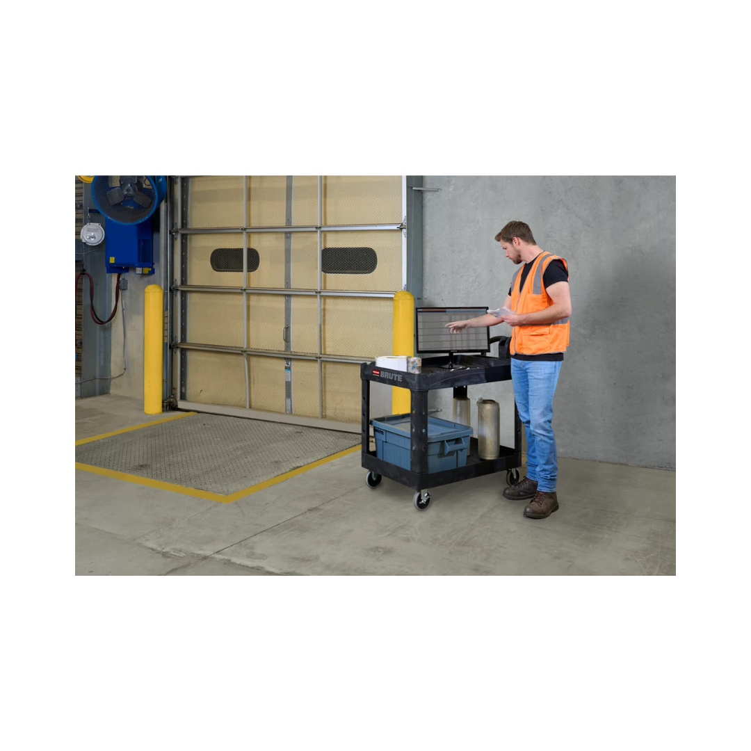 Rubbermaid® BRUTE Heavy-Duty Ergo Handle Utility Cart – Medium, Black, Lipped Shelf