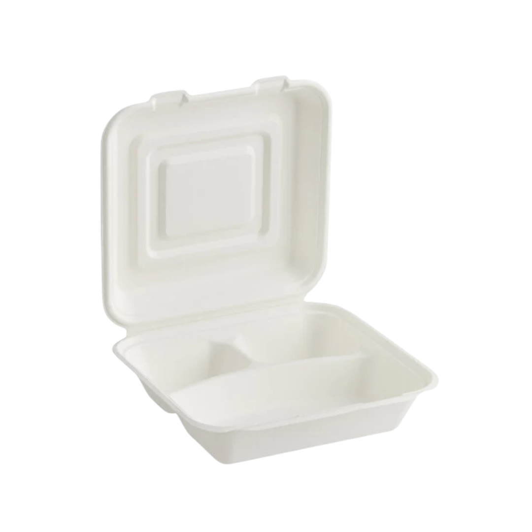 Dart® PFAS-Free Fiber Hinged Container – 9", 3-Compartment, White