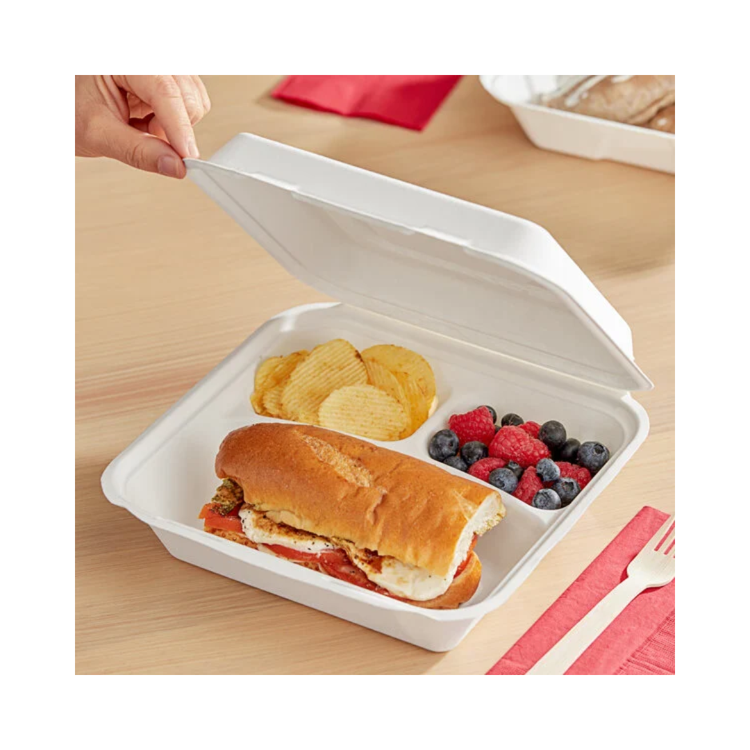 Dart® PFAS-Free Fiber Hinged Container – 9", 3-Compartment, White