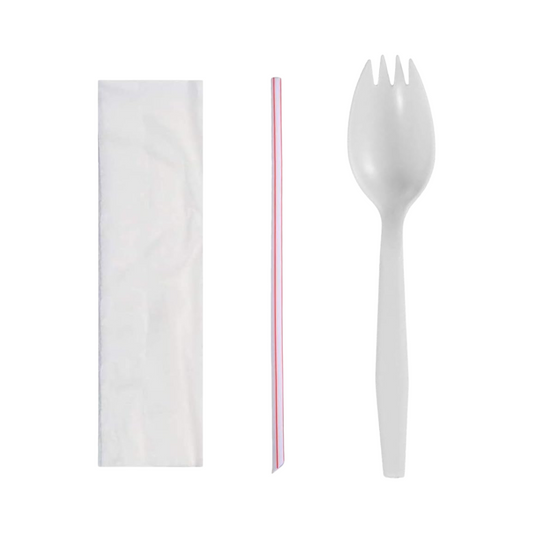 Wallace® Medium Weight Spork/Napkin/Straw Meal Kit – White Polypropylene