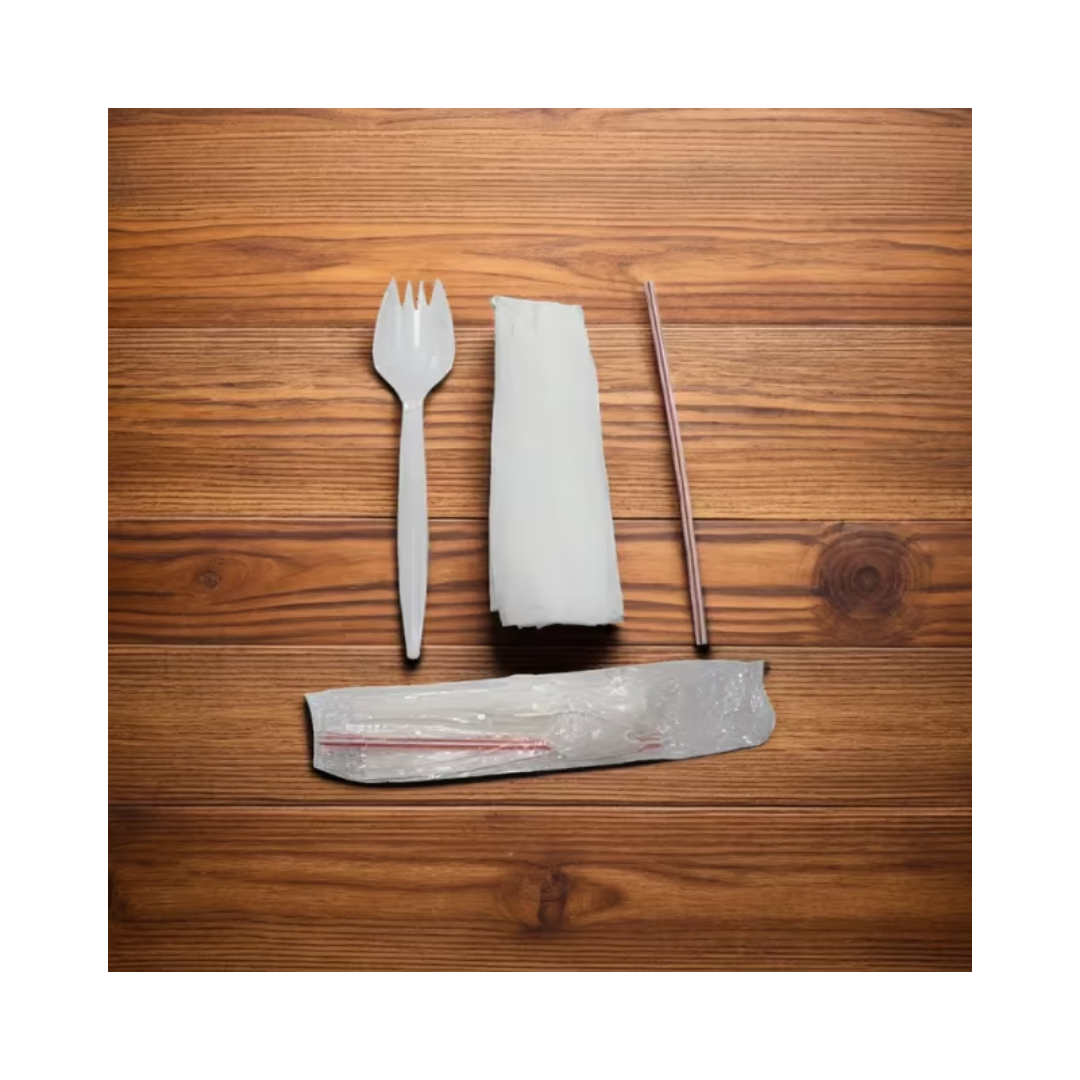 Wallace® Medium Weight Spork/Napkin/Straw Meal Kit – White Polypropylene