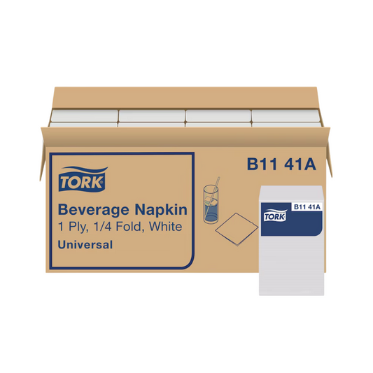 Tork® Universal Quality 1/4 Fold Beverage Napkin – White, 9.4" x 9.4", 1 Ply
