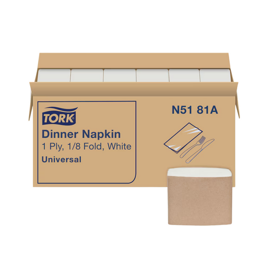 Tork® Universal Quality 1/8 Fold Dinner Napkin – White, 14.9" x 17", 1 Ply