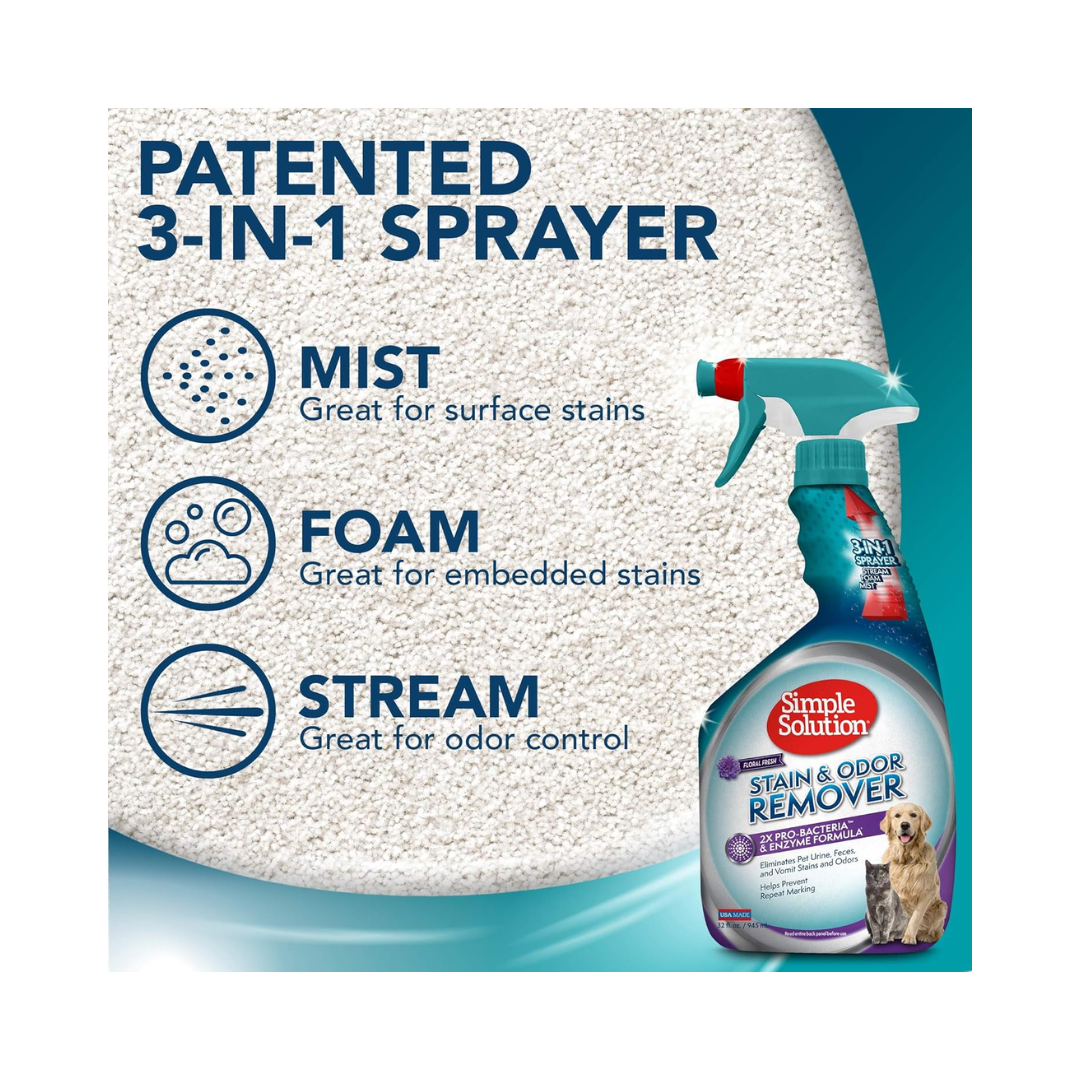 Simple Solution® Stain & Odor Eliminator Spray – 32 oz, Enzyme Cleaner for Pets