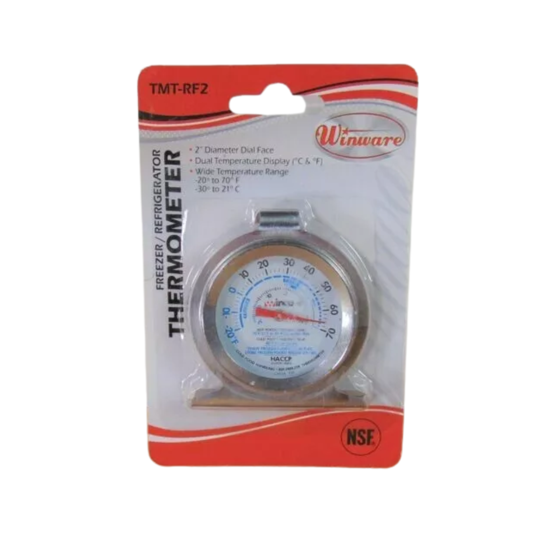 Winco® Refrigerator/Freezer Thermometer – 2" Dial, Hanging Hook & Stand