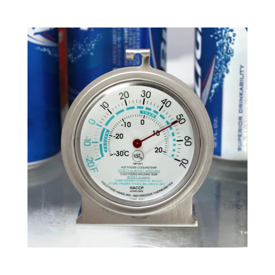 Winco® Refrigerator/Freezer Thermometer – 2" Dial, Hanging Hook & Stand