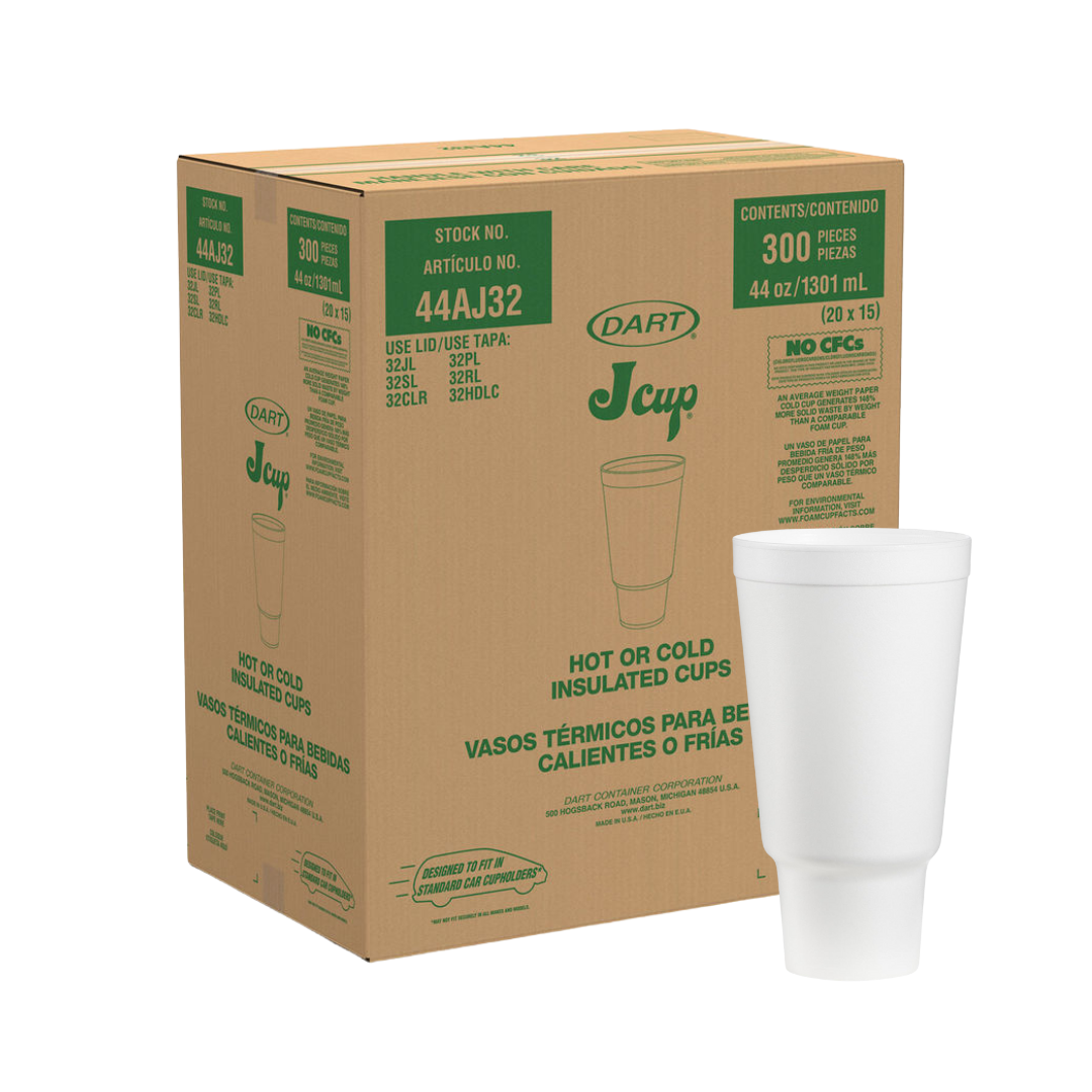 Dart® J Cup® EPS Insulated Pedestal Foam Cups – 32 oz & 44 oz, White