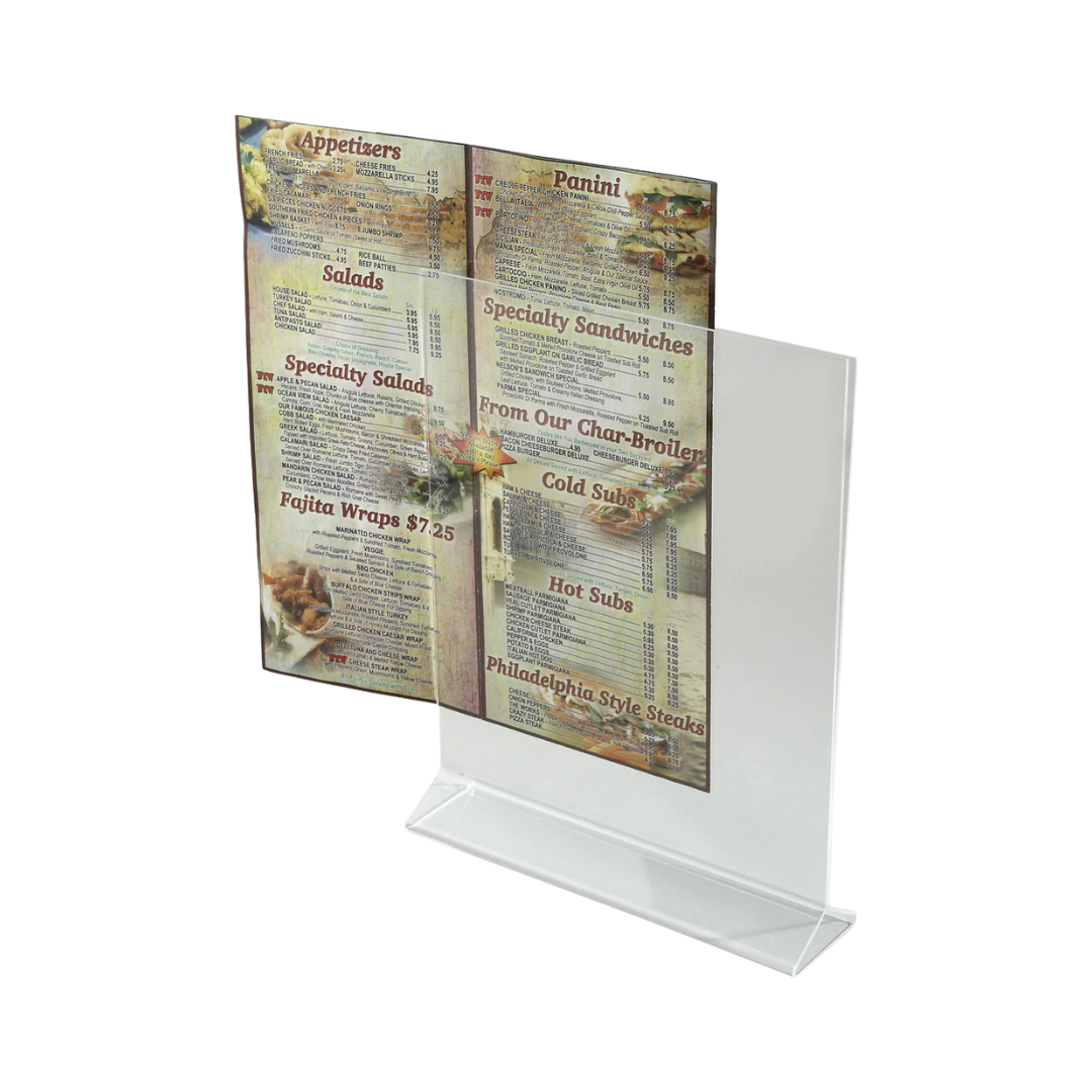 Winco® Double-Sided Clear Acrylic Menu Stands – 5"x7" & 8"x11", 2.0mm Thickness