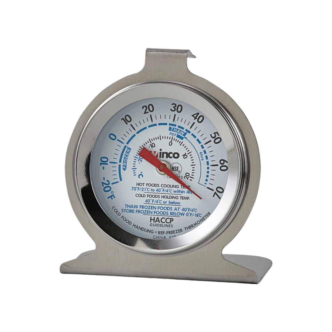 Winco® Refrigerator/Freezer Thermometer – 2" Dial, Hanging Hook & Stand